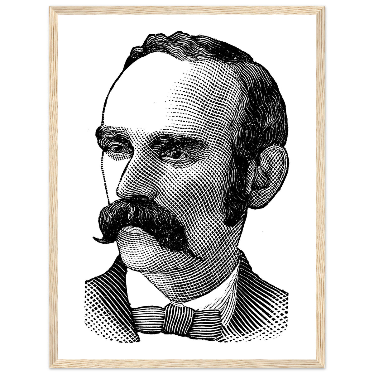 Michael Davitt black and white line portrait in a pale natural wood frame