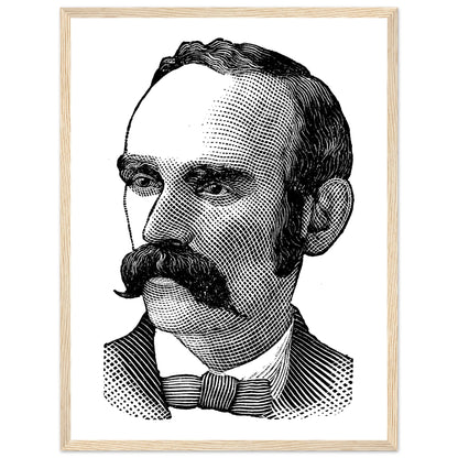 Michael Davitt black and white line portrait in a pale natural wood frame