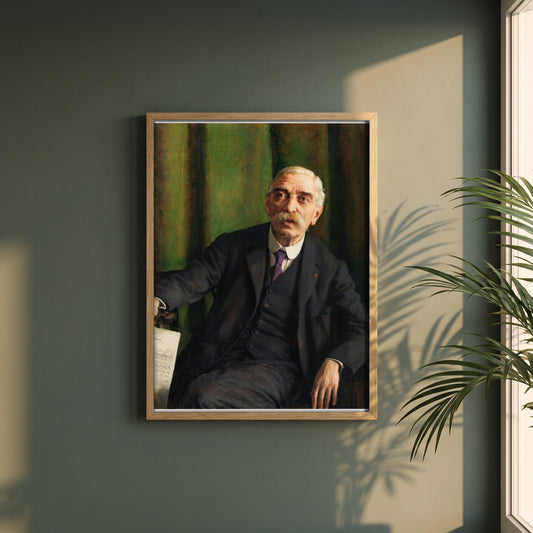 Michele Esposito framed print in a natural oak frame on a dark green wall beside a window, dappled plant shadow