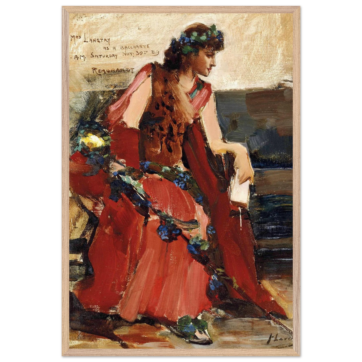 Mrs Langtry as a Bacchante by John Lavery in a slim white frame