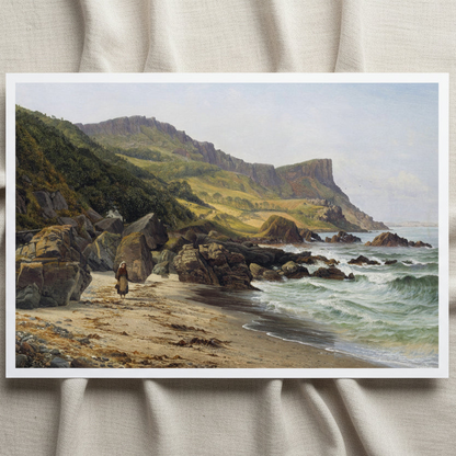 Unframed Murlough Bay and Fair Head archival art print resting on light linen fabric in soft daylight