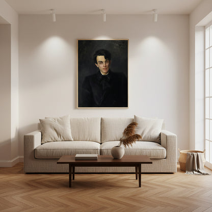 Modern living room with plaster walls and herringbone oak floor; natural wood frame Yeats print above linen sofa under discrete gallery spotlights.
