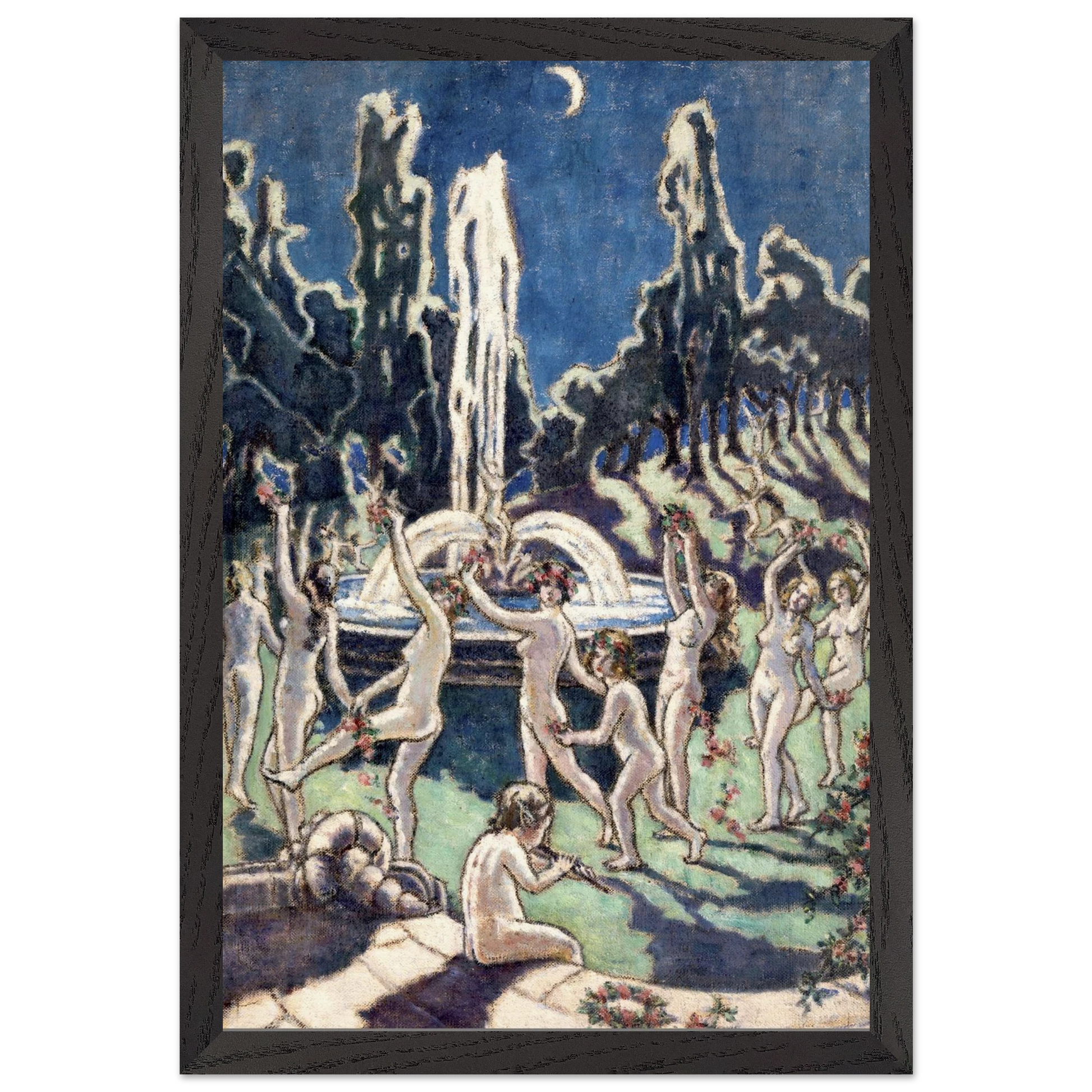 Nudes Dancing round a Fountain by Moonlight by Mainie Jellett – black framed Irish modern art reproduction
