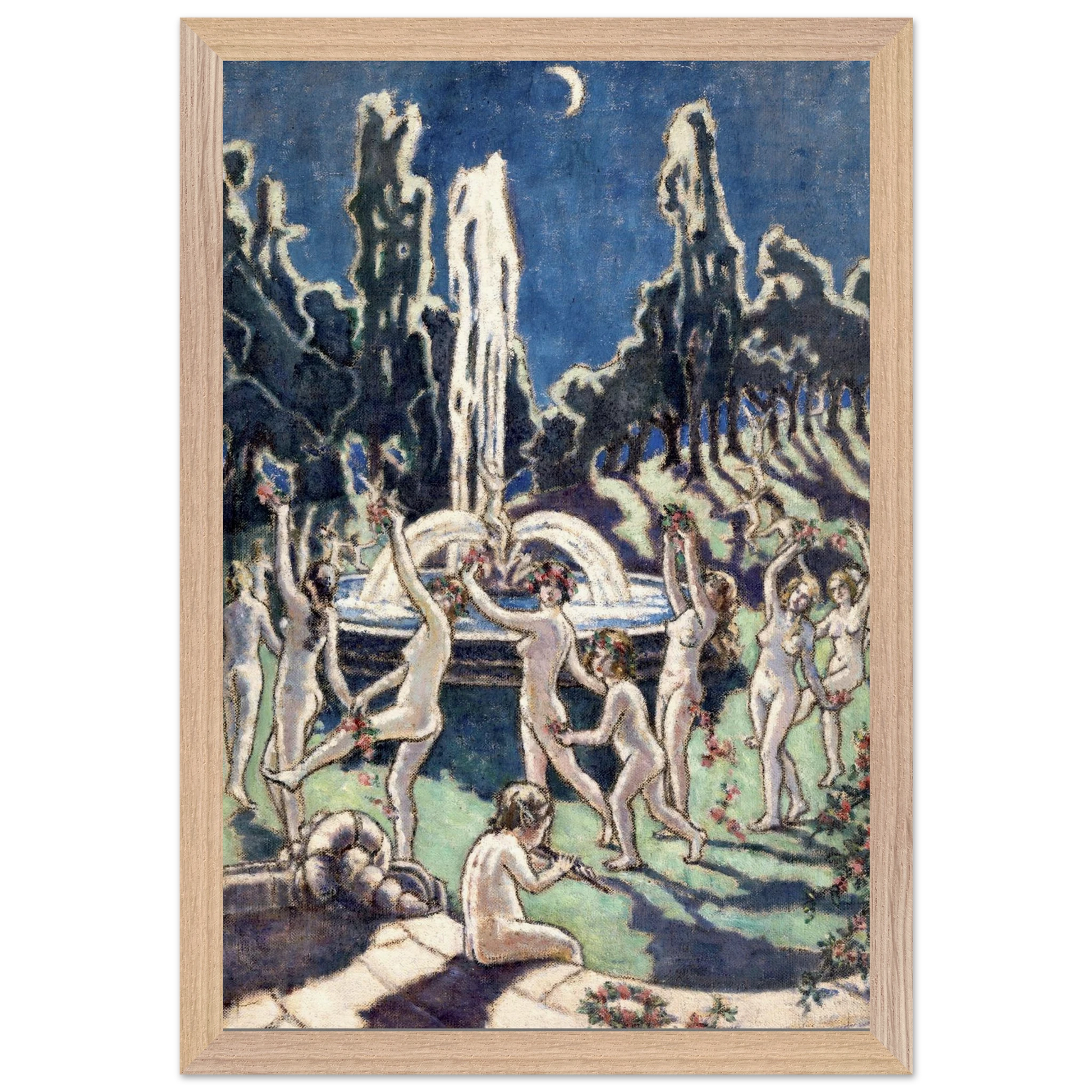Nudes Dancing round a Fountain by Moonlight by Mainie Jellett – natural wood framed Irish Modernism print.