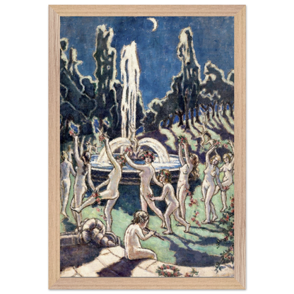 Nudes Dancing round a Fountain by Moonlight by Mainie Jellett – natural wood framed Irish Modernism print.