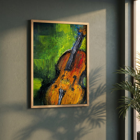 Old Irish Fiddle framed print in a natural oak frame on a dark green wall beside a window, dappled plant shadow
