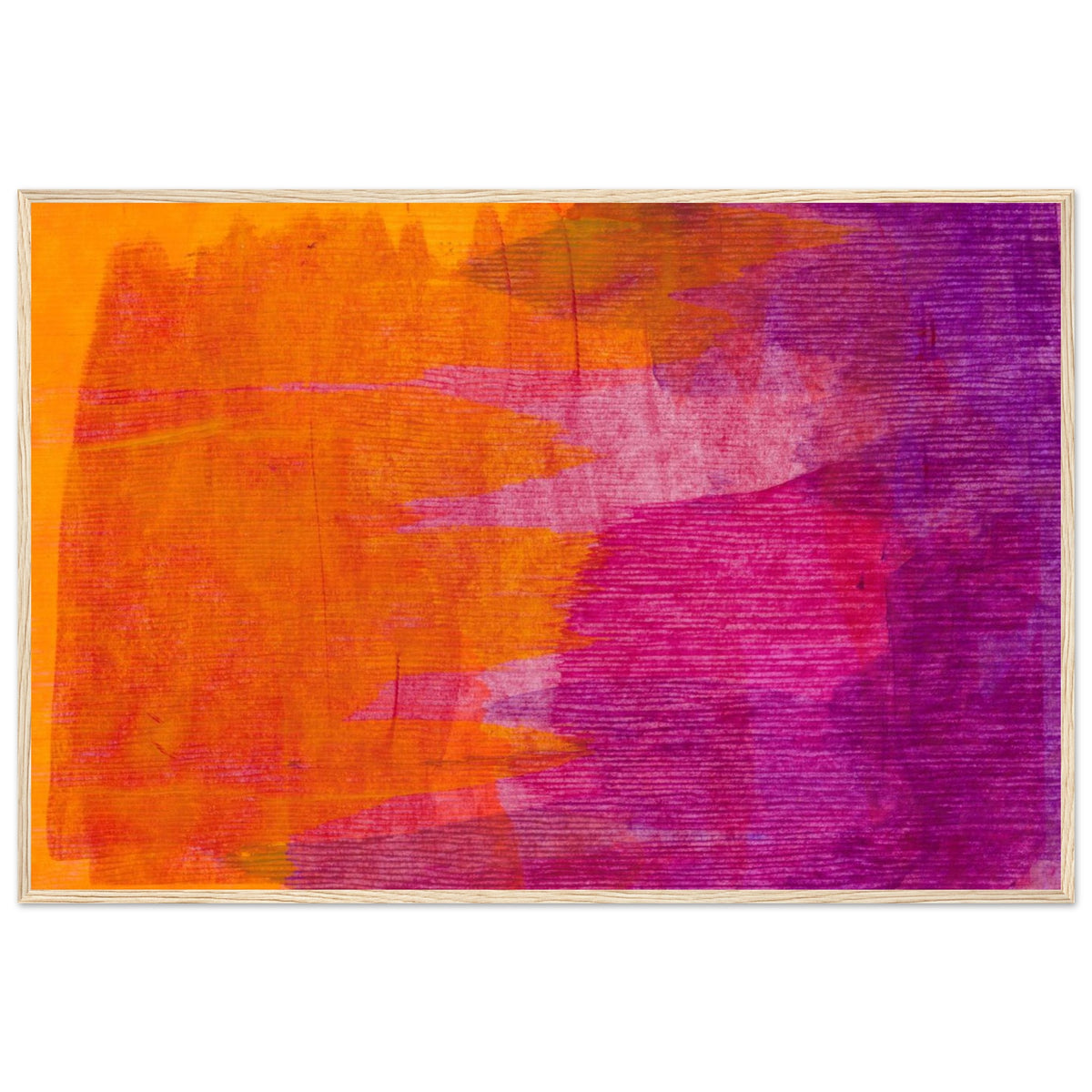 Orange and purple abstract art print in a pale wood frame, full-bleed
