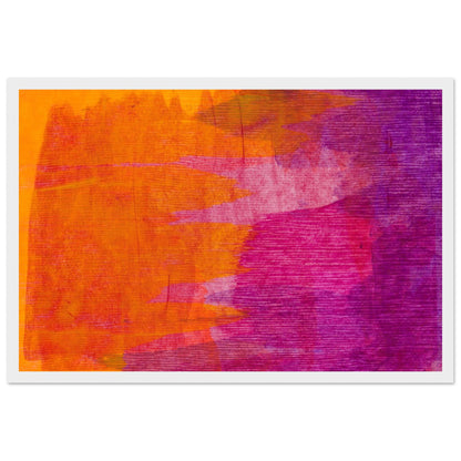 Orange and purple abstract art print in a white frame