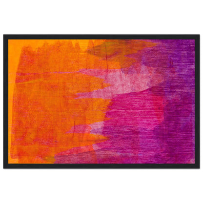 Orange and purple abstract art print in a wide black frame