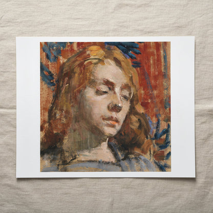 Portrait of Kathleen Behan by Sarah Purser unframed print with a white border on beige linen