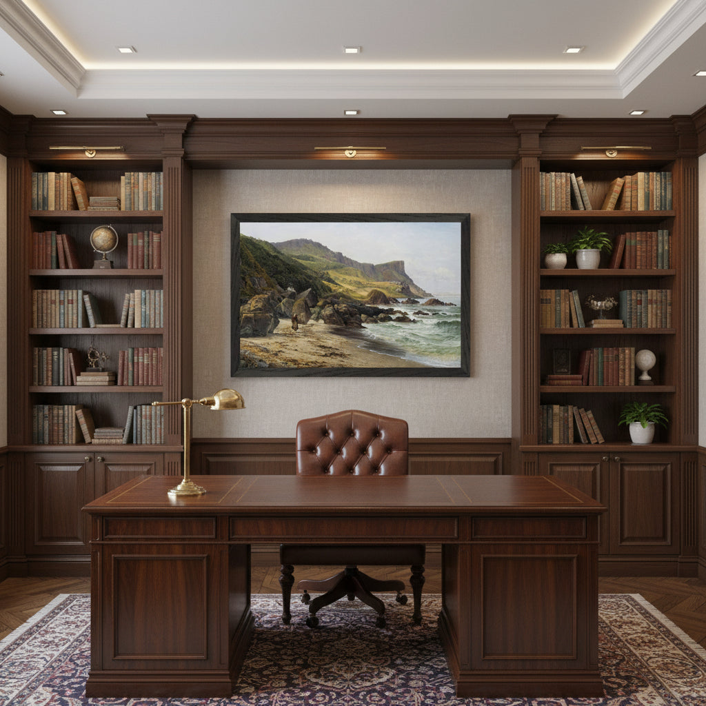 Refined home office with dark wood desk and leather chair, framed Murlough Bay and Fair Head landscape print centered on the wall, bookshelves, brass desk lamp, calm atmosphere, sophisticated collector interior