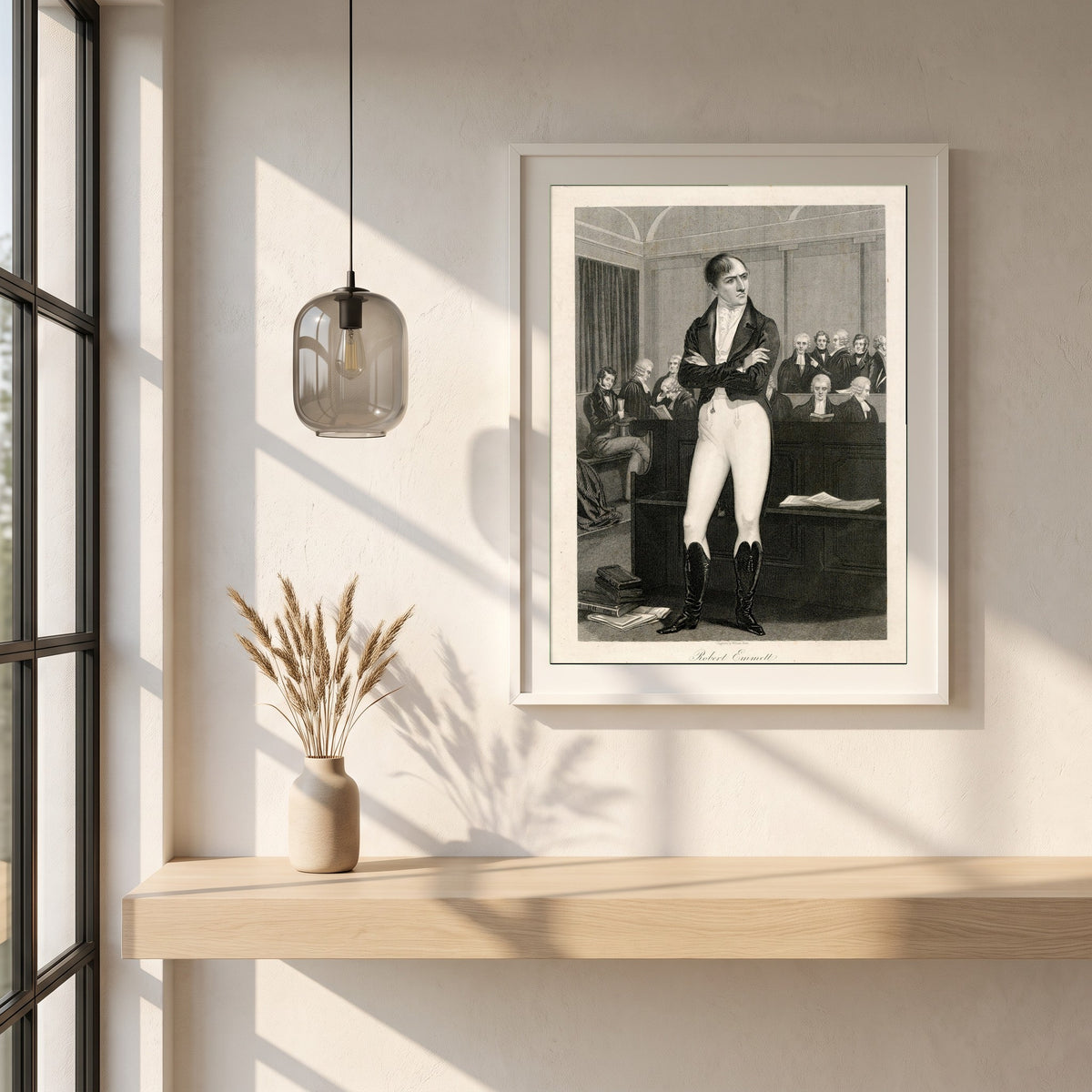 Robert Emmet in Court 1803 framed print in a white frame on a plaster wall above an oak worktop in a bright Scandinavian kitchen