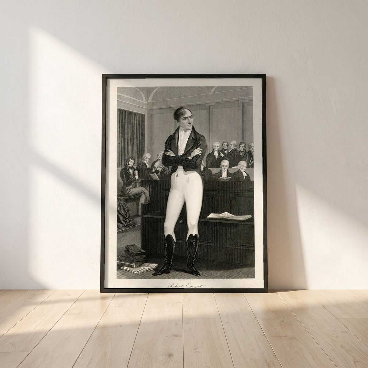 Robert Emmet in Court 1803 framed print in a black frame leaning against a white plaster wall on oak floorboards in morning light