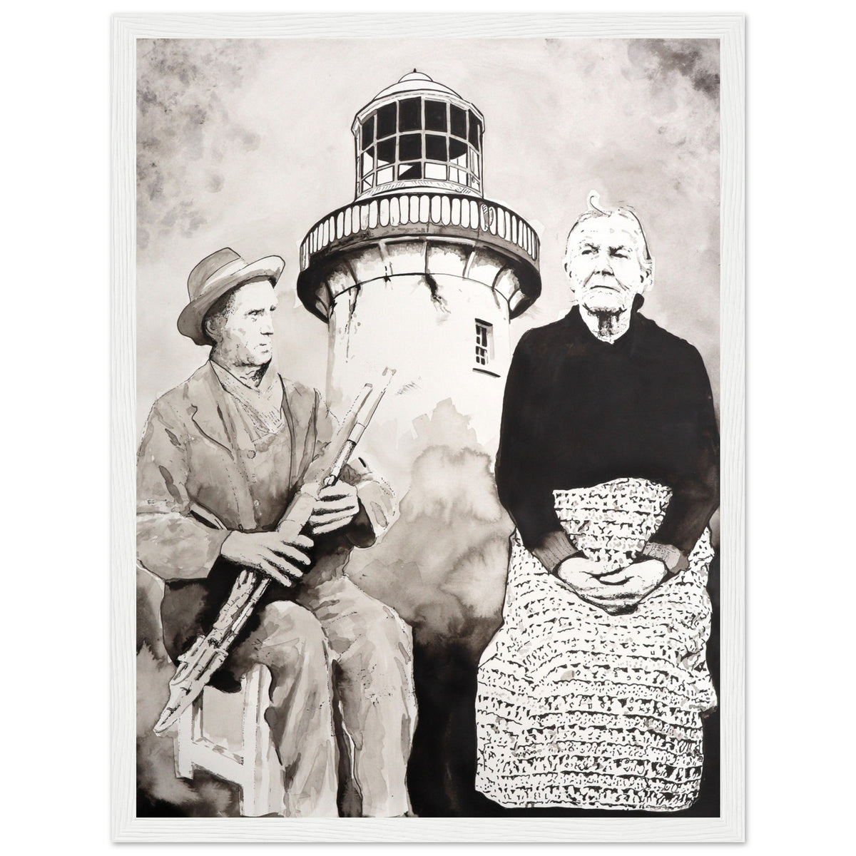 Róise Rua and uilleann piper at Aranmore Lighthouse, monochrome print in a white frame