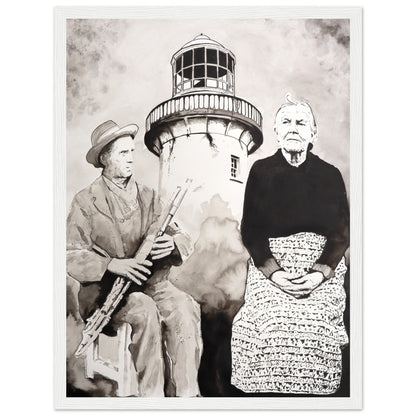Róise Rua and uilleann piper at Aranmore Lighthouse, monochrome print in a white frame