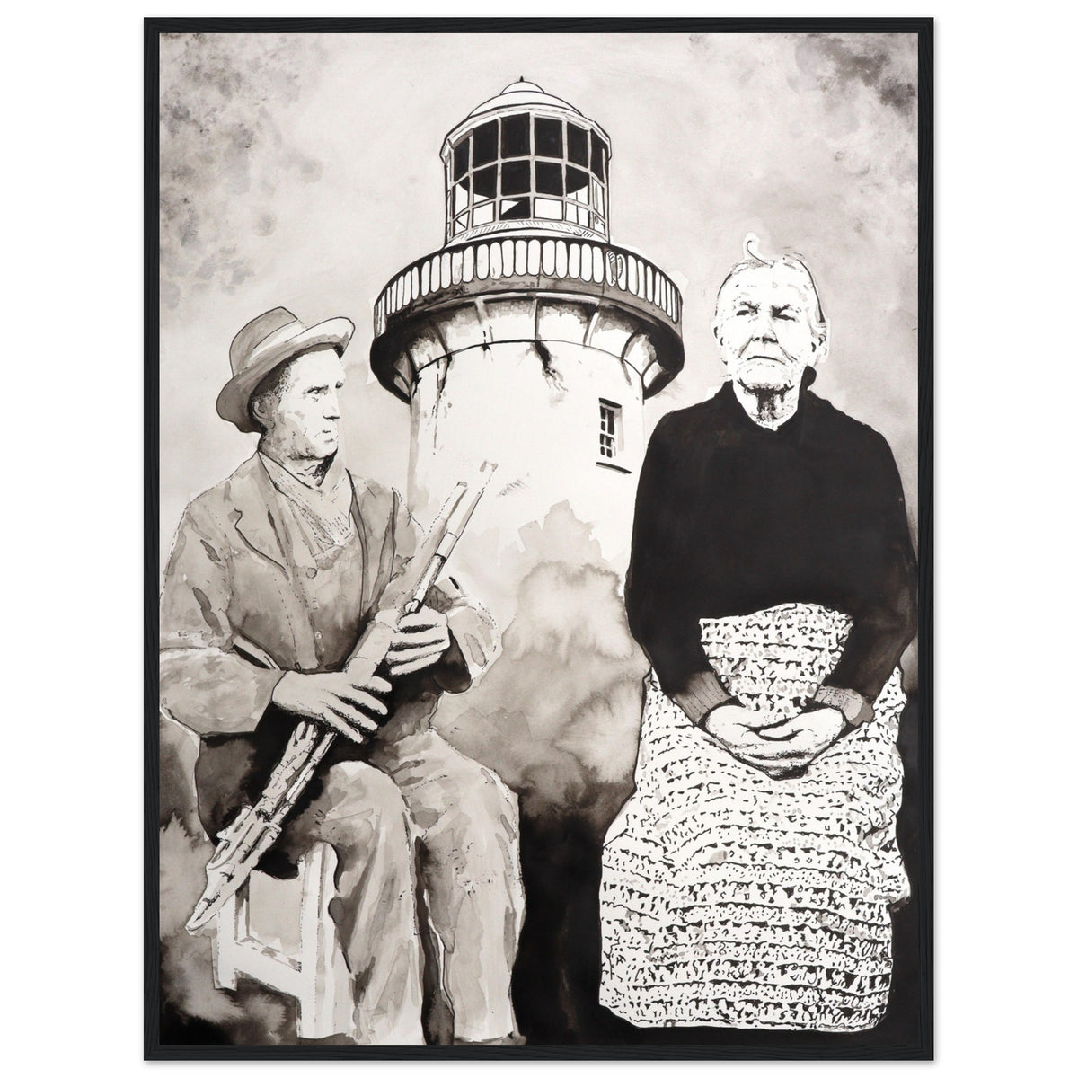 Róise Rua and uilleann piper at Aranmore Lighthouse print in a black frame
