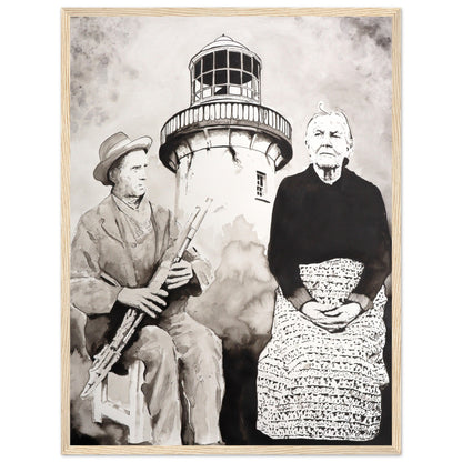 Róise Rua and uilleann piper seated beneath Aranmore Lighthouse, print in a light oak frame