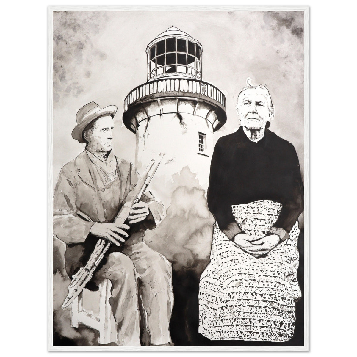 Róise Rua & Uilleann Piper, black and white Aranmore lighthouse scene, unframed print