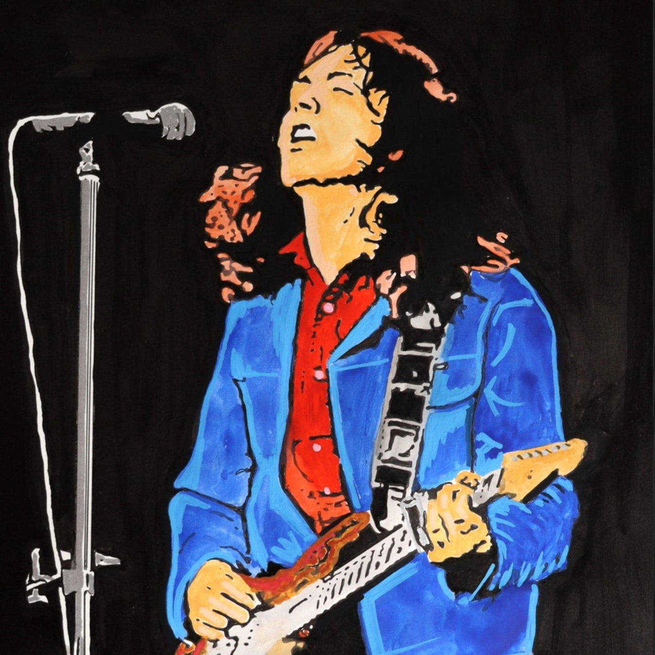 Rory Gallagher framed wall art print depicting the Irish rock legend performing with his Fender Stratocaster