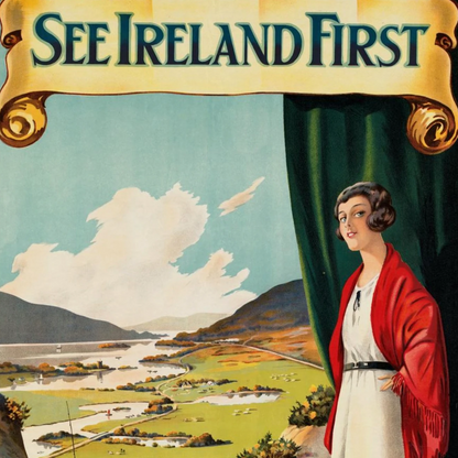 Vintage-style travel poster for Ireland with a woman and scenic landscape.