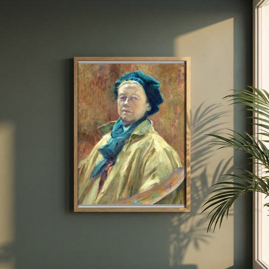 Self-Portrait by Helen Mabel Trevor framed print in a natural oak frame on a dark green wall beside a window, dappled plant shadow