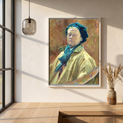 Self-Portrait by Helen Mabel Trevor framed print in a white frame on a plaster wall above an oak worktop in a bright Scandinavian kitchen