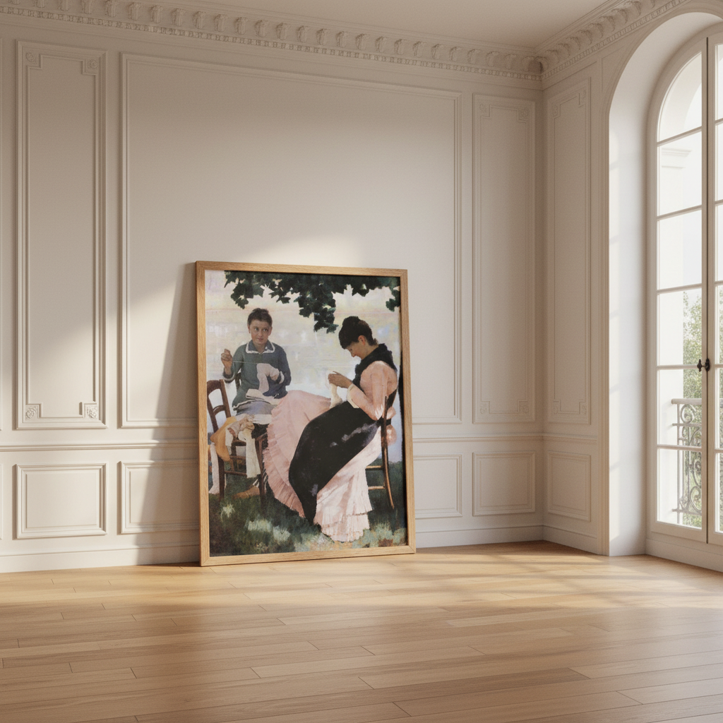 Sewing in the Shade by John Lavery in an oak frame leaning in a panelled room beside an arched window