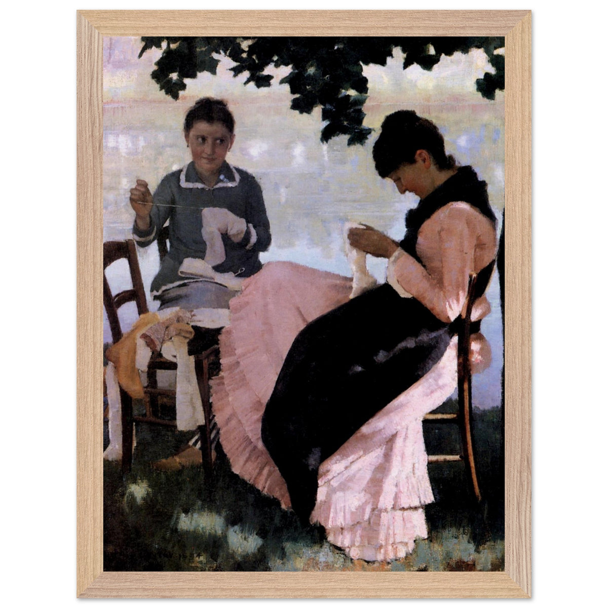 Sewing in the Shade by John Lavery print in a light oak frame, two women sewing in a garden