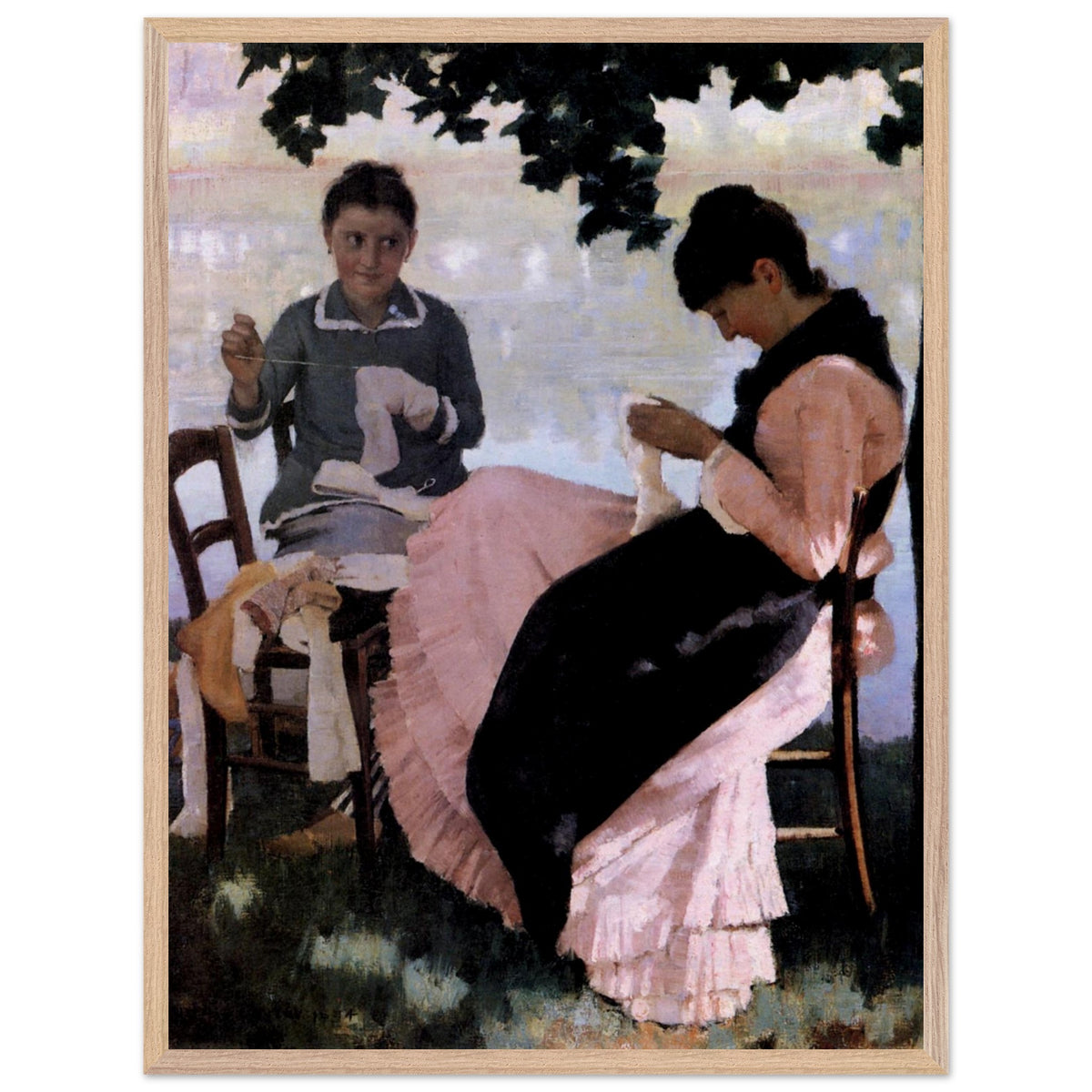 Sewing in the Shade by John Lavery print in an oak frame, 1884 painting of women sewing outdoors