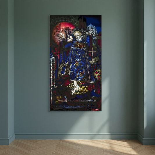 The Song of the Mad Prince canvas print on a sage green wall in an empty sunlit room