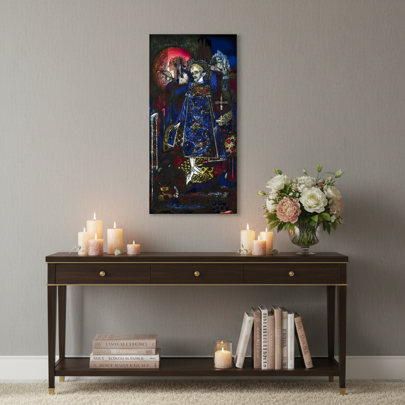 Harry Clarke ‘Song of the Mad Prince’ canvas print displayed above a styled console with candles, art books, fresh flowers, soft warm lighting, elegant feminine interior. Buy Irish Art