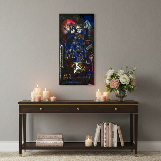 Harry Clarke ‘Song of the Mad Prince’ canvas print displayed above a styled console with candles, art books, fresh flowers, soft warm lighting, elegant feminine interior. Buy Irish Art