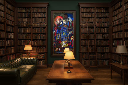 The Song of the Mad Prince (1917) – Harry Clarke Canvas Art Print in a Irish Library interior with bookshelves, a painting, and lamps.