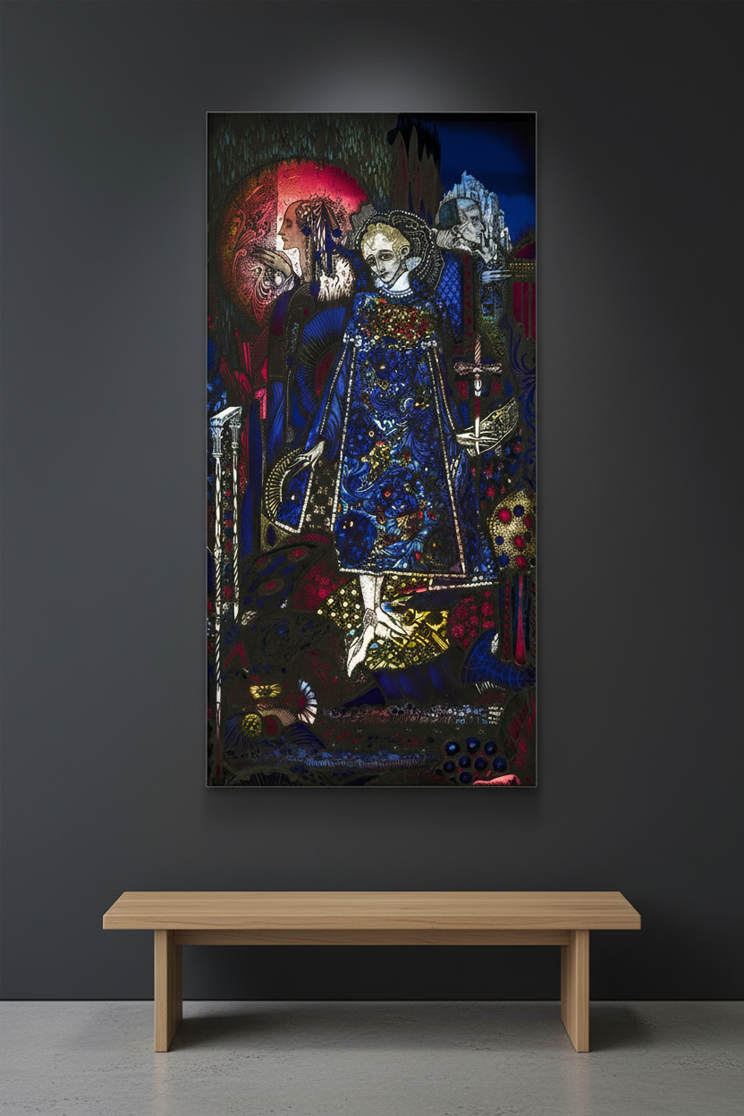 large Harry Clarke canvas mounted on a deep charcoal gallery wall, subtle spotlighting from above, shadow falloff, museum-grade presentation, minimalist bench in foreground, high-resolution fine-art product photography.