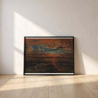Sunset at Sea After a Storm framed print in a black frame leaning against a white plaster wall on oak floorboards in morning light
