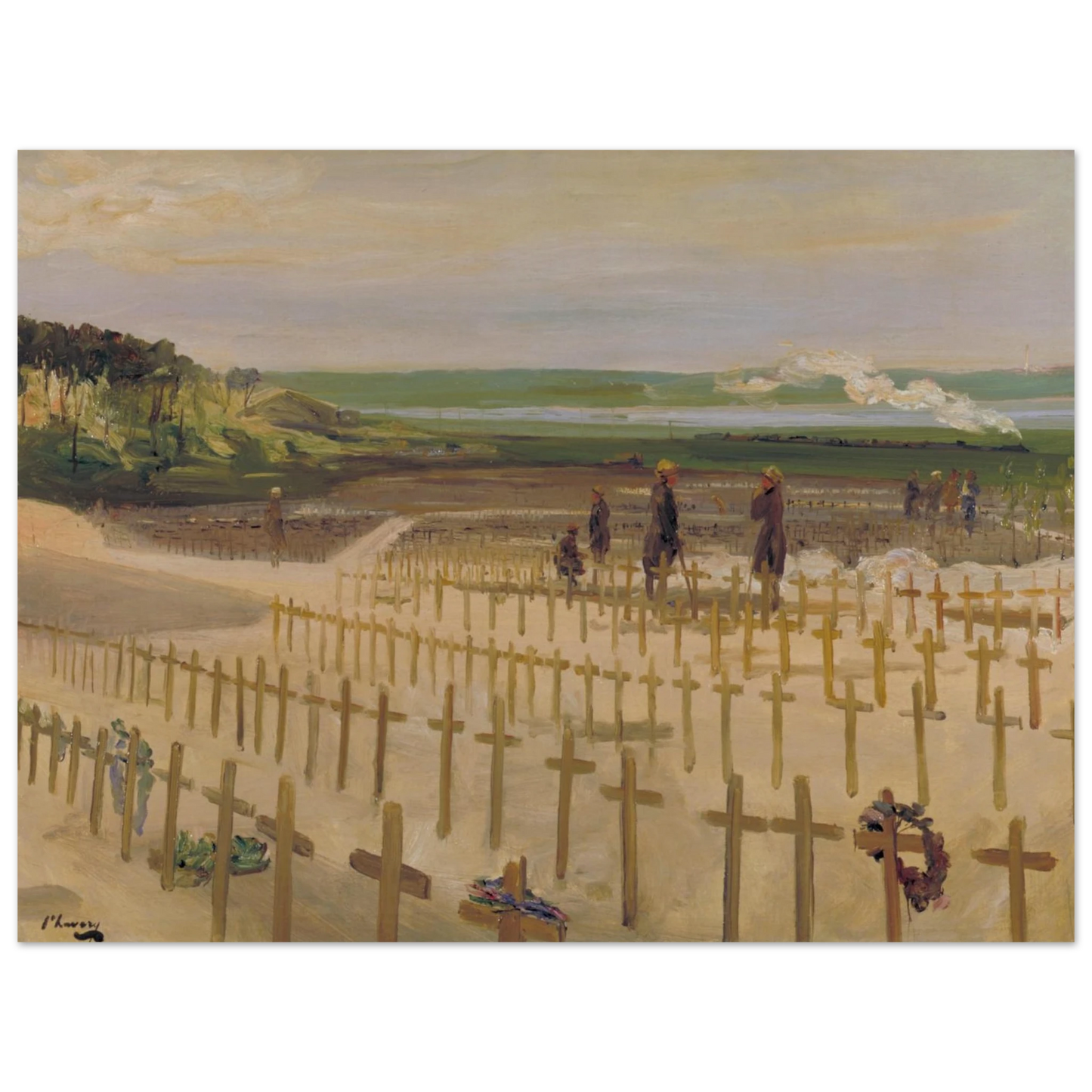 Detail from The Cemetery, Étaples (1919) by Sir John Lavery showing rows of crosses in a First World War military cemetery.