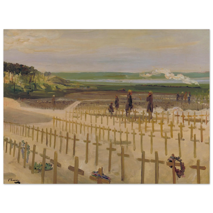 Detail from The Cemetery, Étaples (1919) by Sir John Lavery showing rows of crosses in a First World War military cemetery.