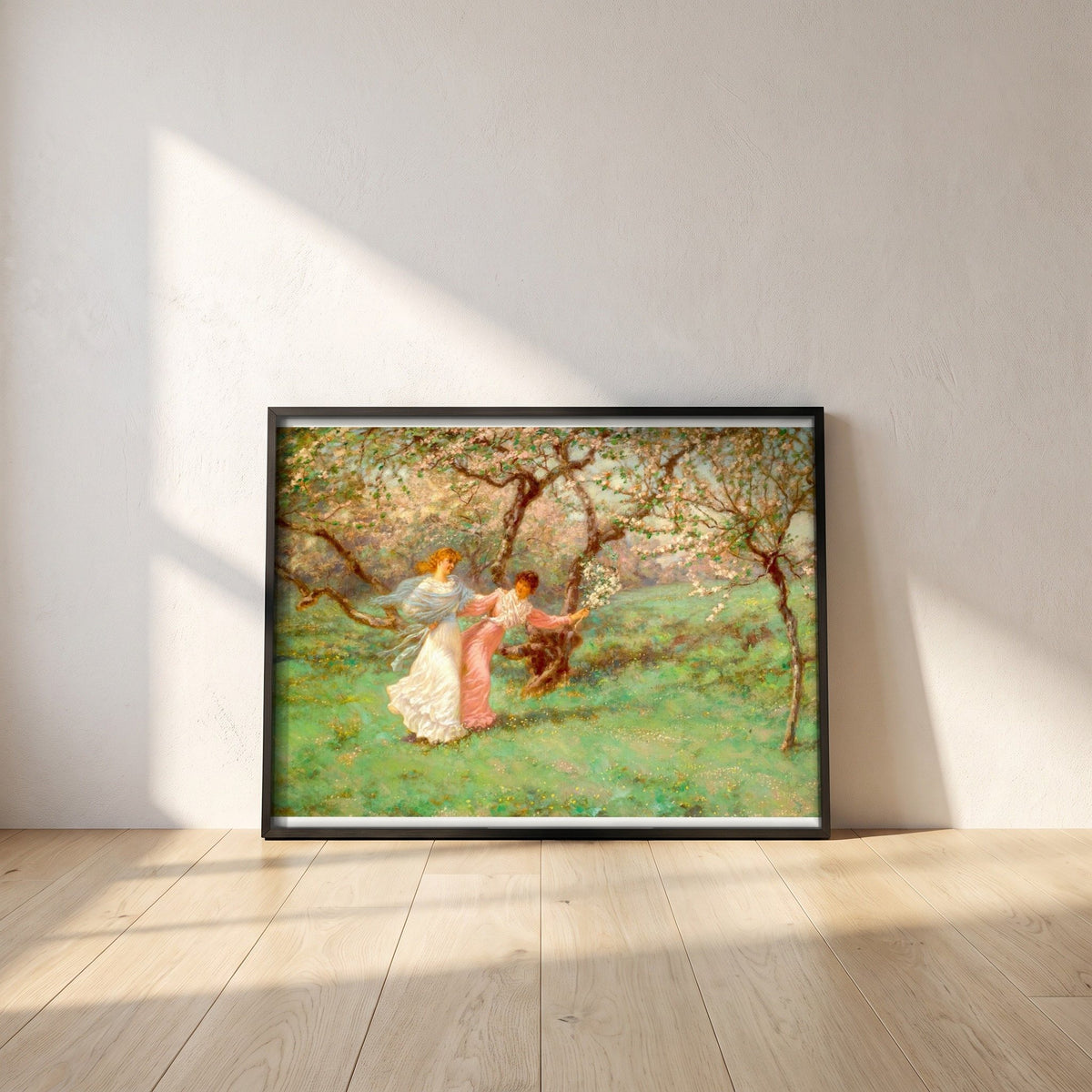 The Flowers of May by William John Hennessy framed print in a black frame leaning against a white plaster wall on oak floorboards in morning light