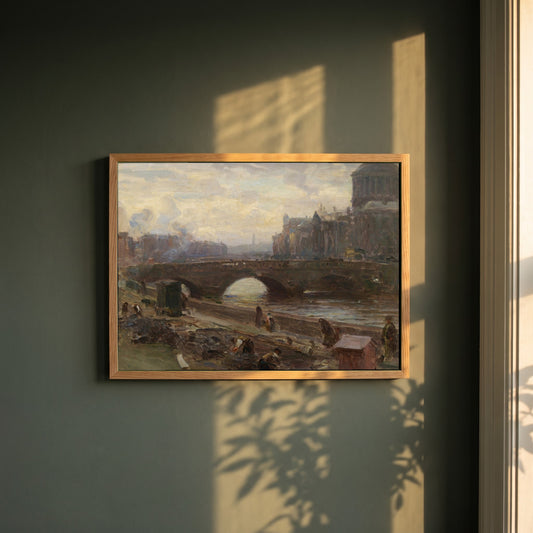 The Four Courts, Dublin framed print in a natural oak frame on a dark green wall beside a window, dappled plant shadow