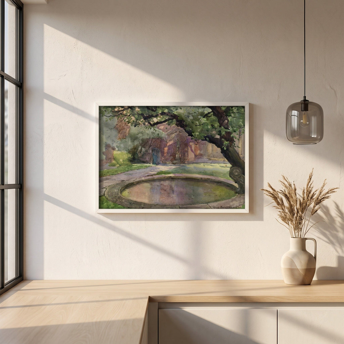 The Garden of Lindsey House, London framed print in a white frame on a plaster wall above an oak worktop in a bright Scandinavian kitchen