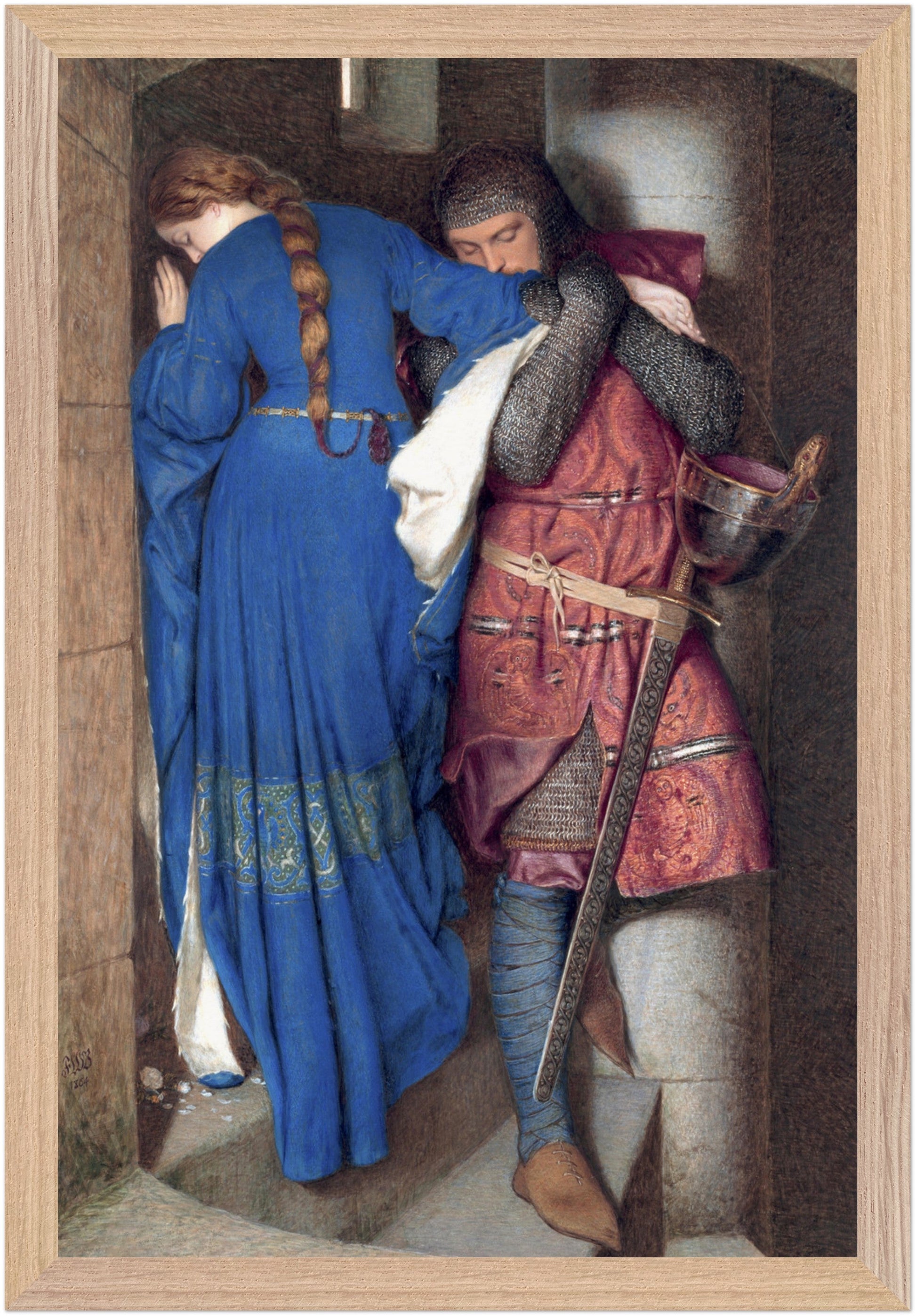 The Meeting on the Turret Stairs by Frederic William Burton in a natural wood frame, 30x45 cm Irish art print