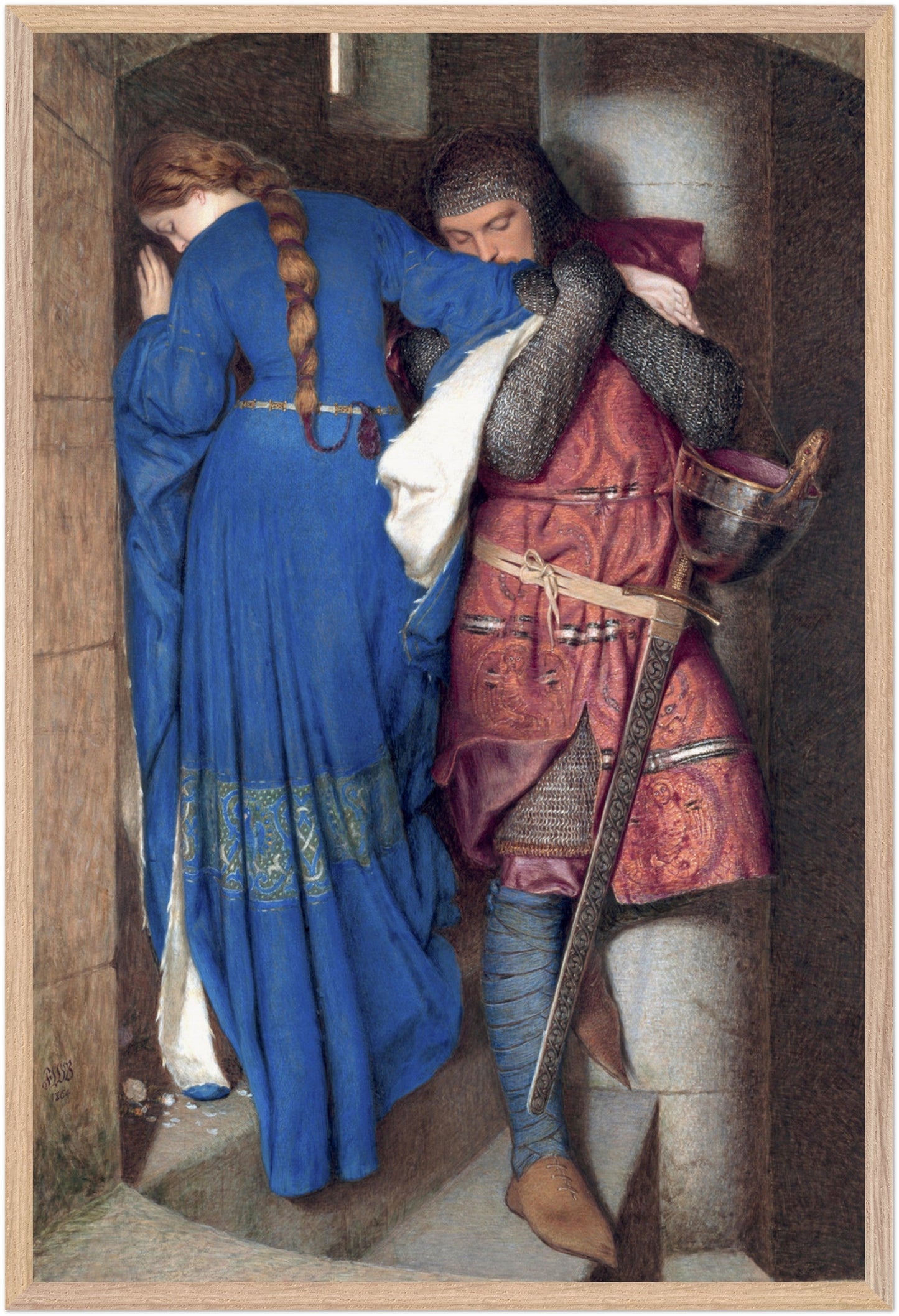 The Meeting on the Turret Stairs by Frederic William Burton in a natural wood frame, 60x90 cm large format Irish art print