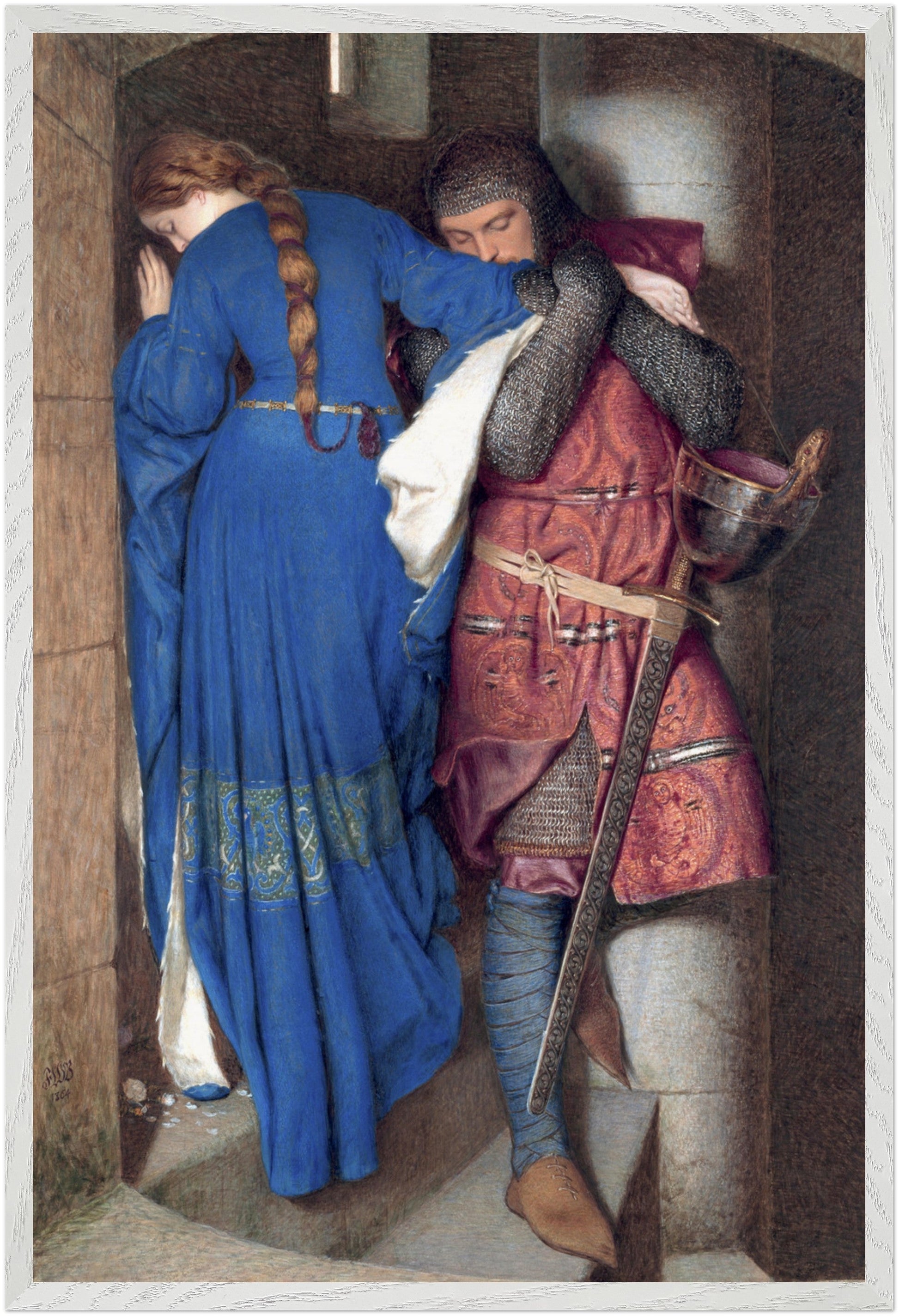 The Meeting on the Turret Stairs by Frederic William Burton in a white gallery frame, 60x90 cm large format Irish art print