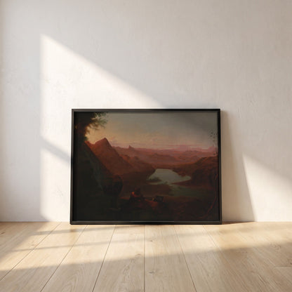 The Painter's Holiday framed print in a black frame leaning against a white plaster wall on oak floorboards in morning light