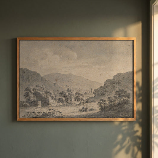 The Round Tower, Glendalough, from Temple-na-Skellig framed print in a natural oak frame on a dark green wall beside a window, dappled plant shadow