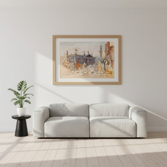 The Ruins of GPO, O’Connell Street, 1916 by Edmond Delrenne, art print in a modern white wooden frame, capturing the aftermath of the 1916 Easter Rising in Dublin.