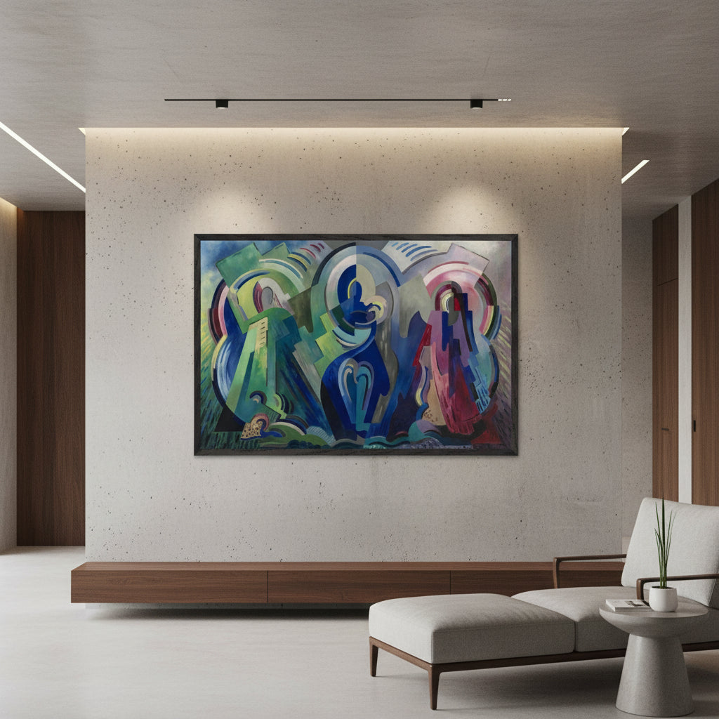 The Virgin of Éire by Mainie Jellett – natural wood framed Irish Modernist print on a white wall
