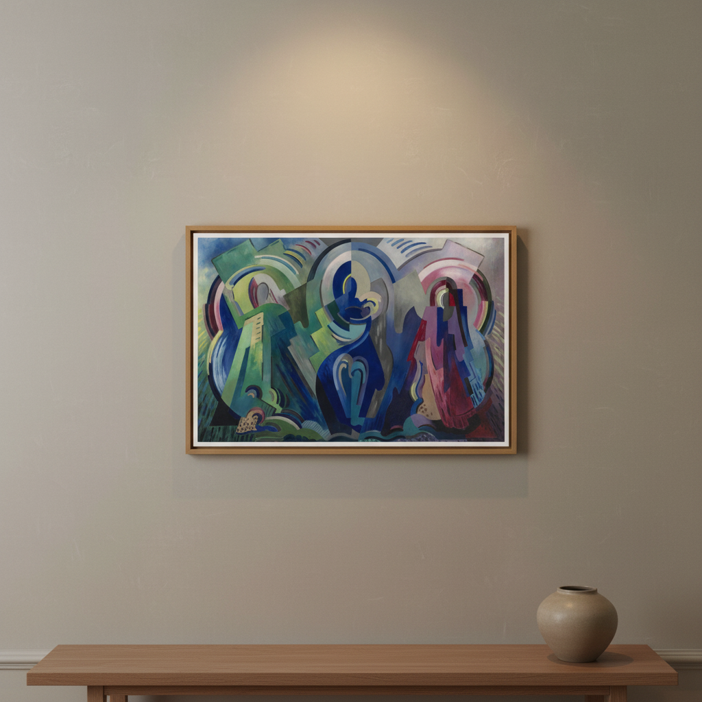 The Virgin of Éire by Mainie Jellett – Irish modernist religious art print in a minimalist living room with oak furniture