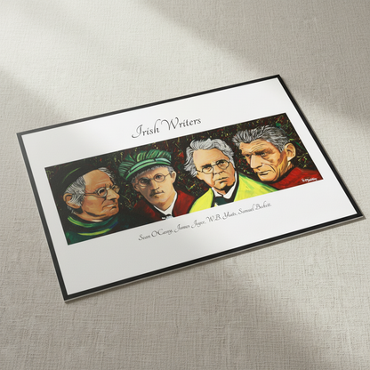 Irish Writers framed print of O'Casey, Joyce, Yeats and Beckett lying at an angle on a linen surface