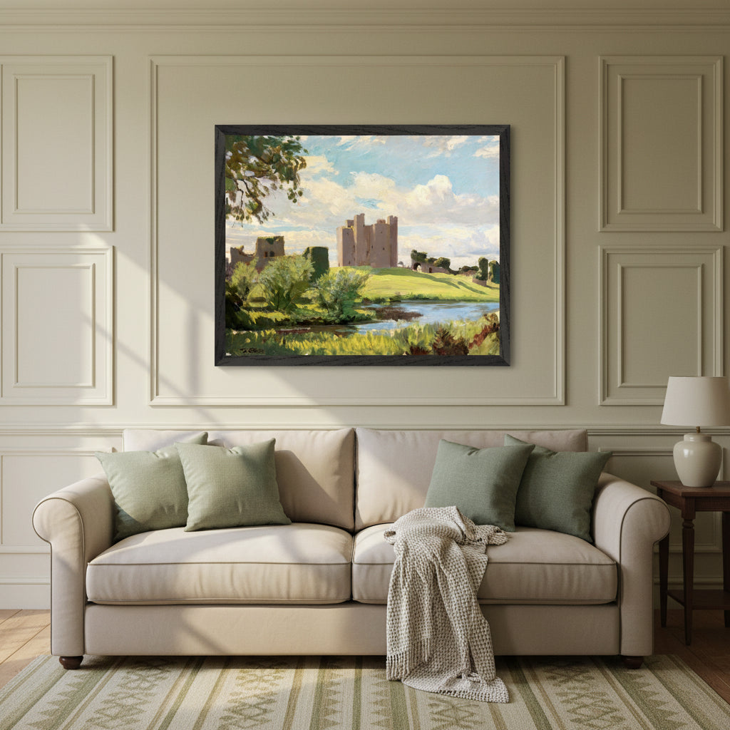 Trim Castle by Dermod O'Brien in a black frame above a cream sofa in a panelled living room